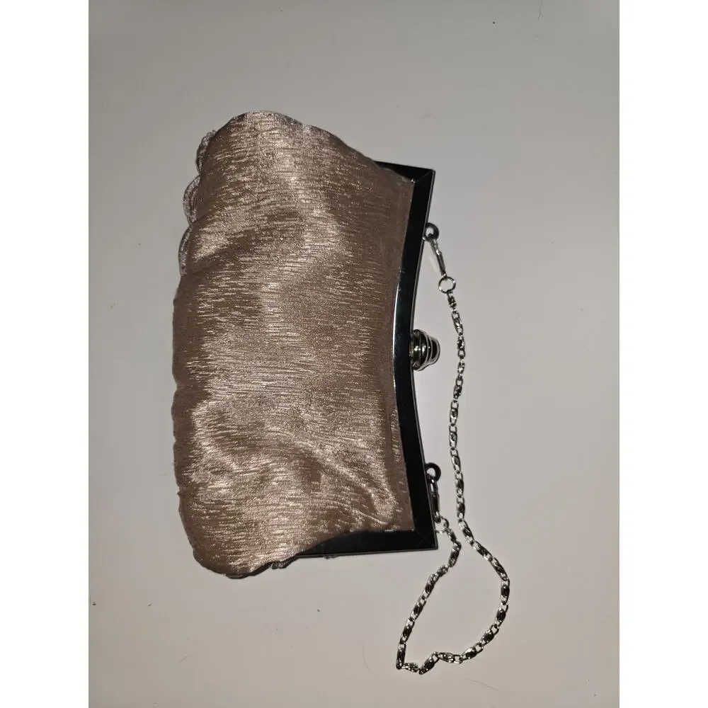 Pink Blush Woven Satin Rhinestone Evening Clutch Purse with 2 Chain Straps